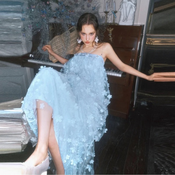 Light Blue Floral Layered Dress with Delicate Spaghetti Straps - Picture 2 of 11